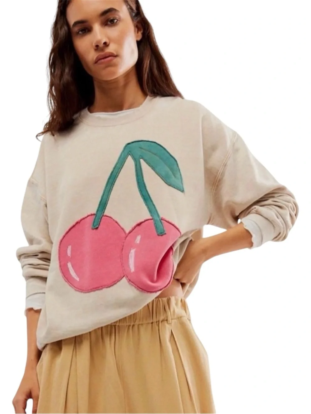 Free People Tricia Fix Fruit Crew Size Small Sand Cherry Combo NWOT
